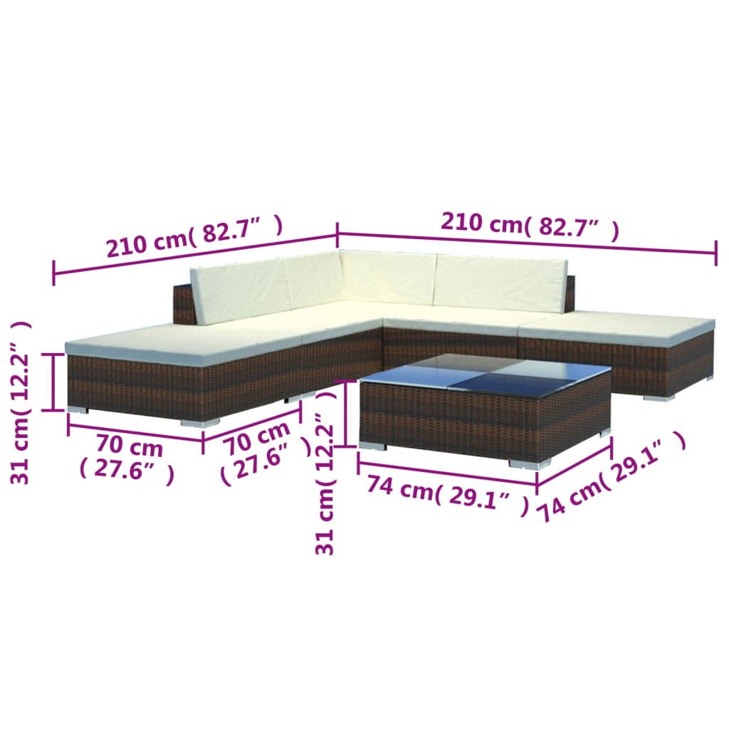 Set Divani da Giardino 6 pz con Cuscini in Polyrattan Marrone cod mxl 59314