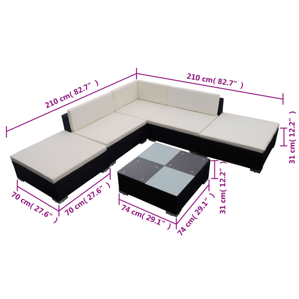 Set Divani da Giardino 6 pz con Cuscini in Polyrattan Nero cod mxl 59203