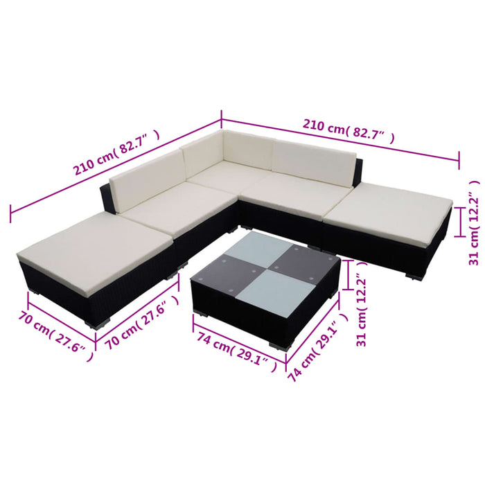 Set Divani da Giardino 6 pz con Cuscini in Polyrattan Nero cod mxl 59203