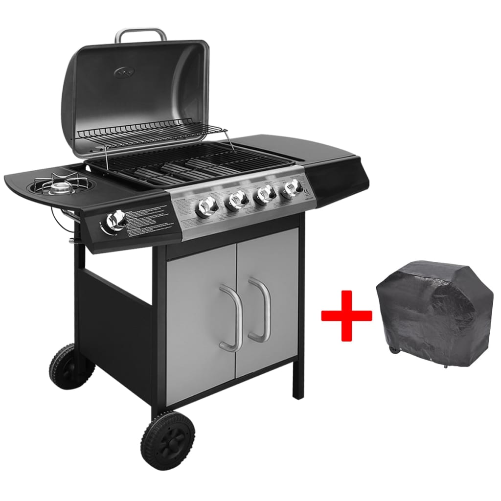 Barbecue e Griglia a Gas 4+1 Fornelli Nero e Argento 41901