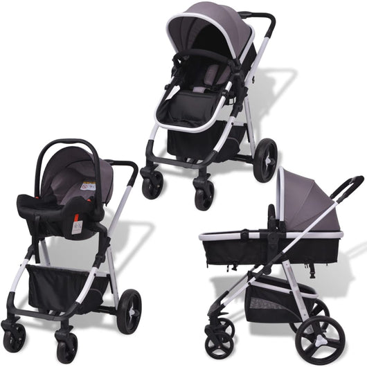 Passeggino 3 in 1 in Alluminio Grigio e Nero