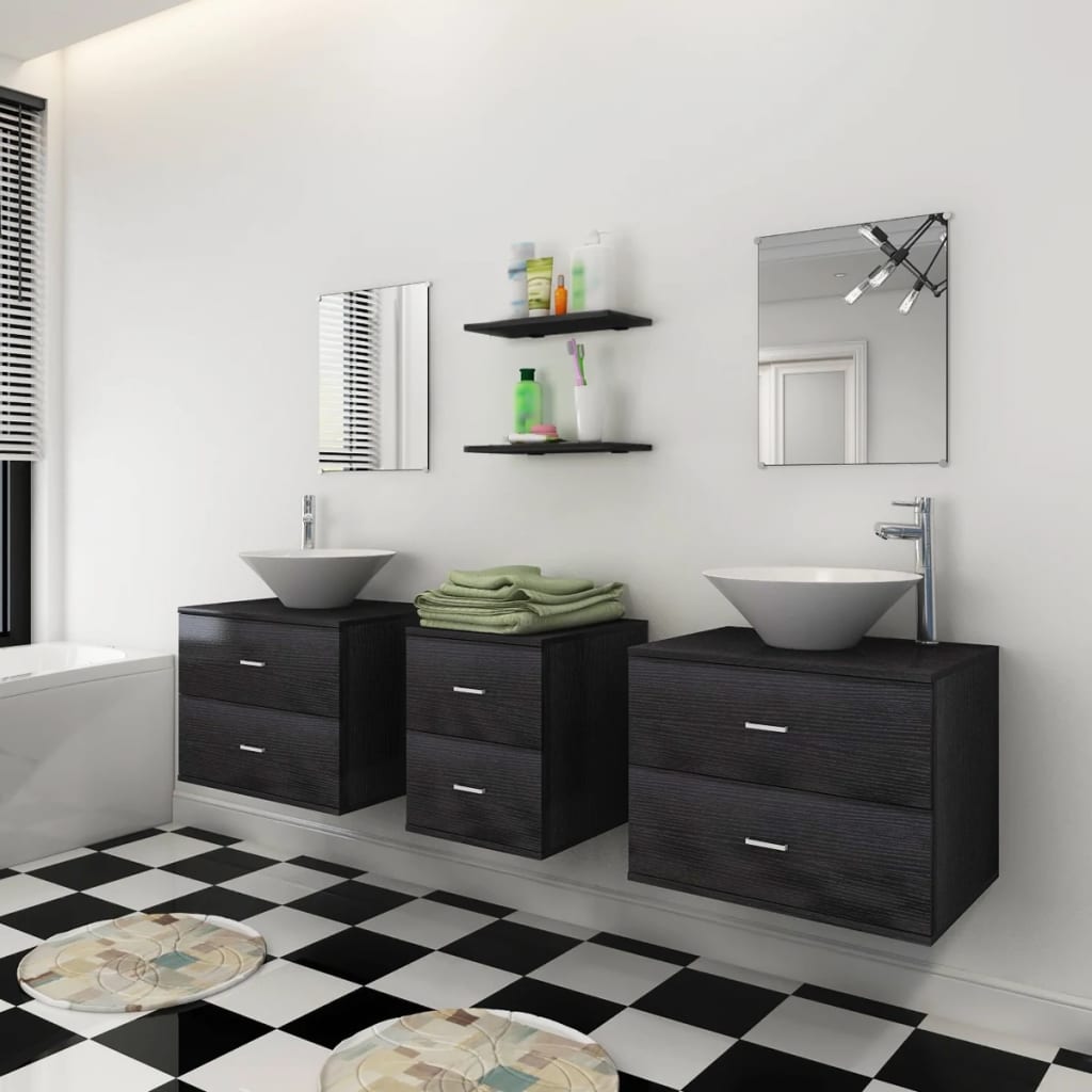 Set Mobili da Bagno 9 pz con Lavabo e Rubinetto Nero 273689