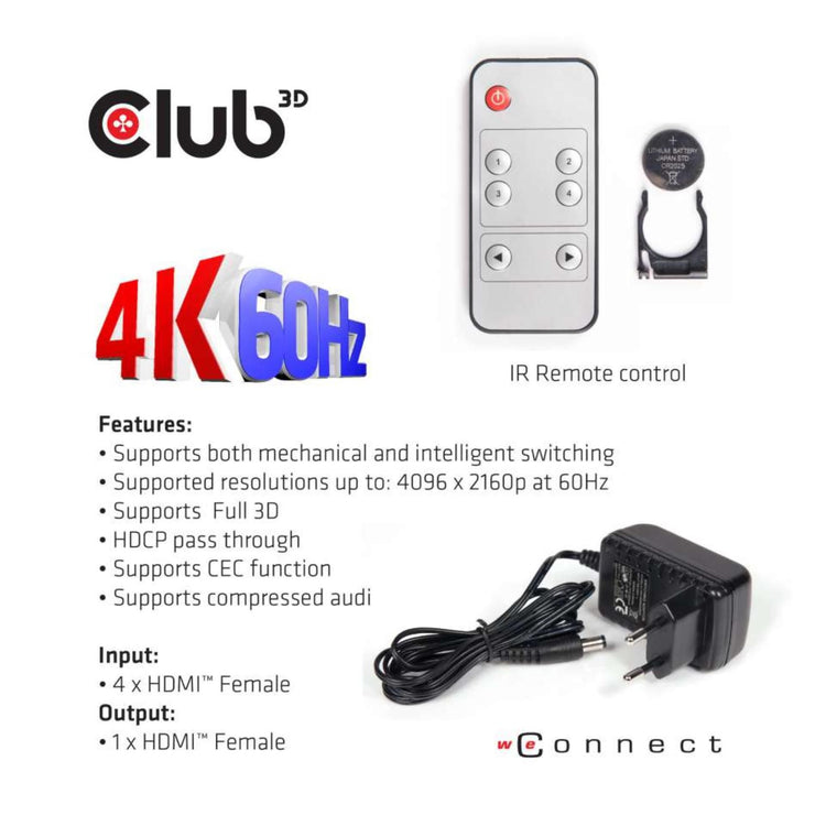 Club3d hdmi 2.0 uhd switchbox 4 ports - CSV-1370