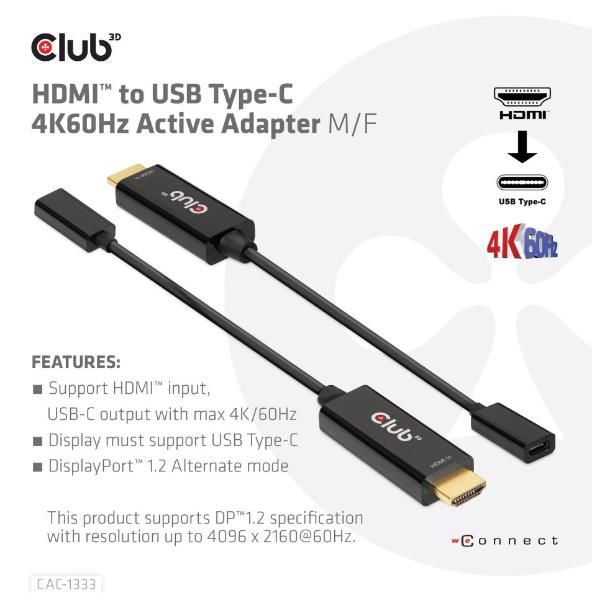 Club3d cac-1333 cavo e adattatore video 0,22 m hdmi tipo a (standard) usb tipo-c nero