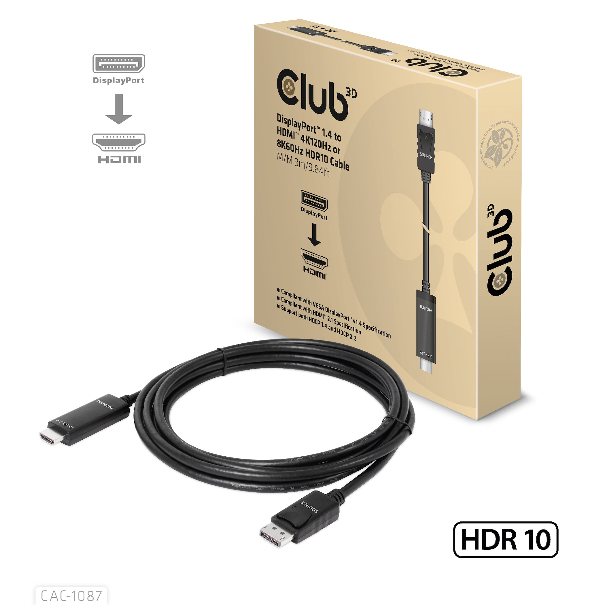 Club3d cac-1087 cavo e adattatore video 3 m displayport hdmi nero