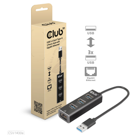 Club3d usb 3.2 gen1 type-a, 3 ports hub with gigabit ethernet - CSV-1430A