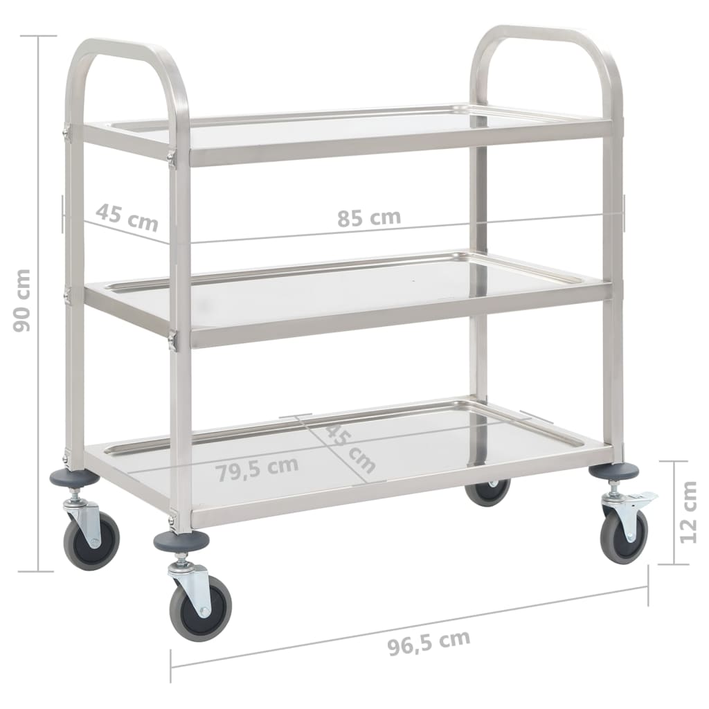 Carrello da Cucina a 3 Livelli 96,5x55x90 cm in Acciaio Inox cod mxl 76178