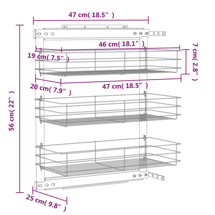 Cestino da Cucina in Rete a 3 Livelli Argento 47x25x56 cm 50969