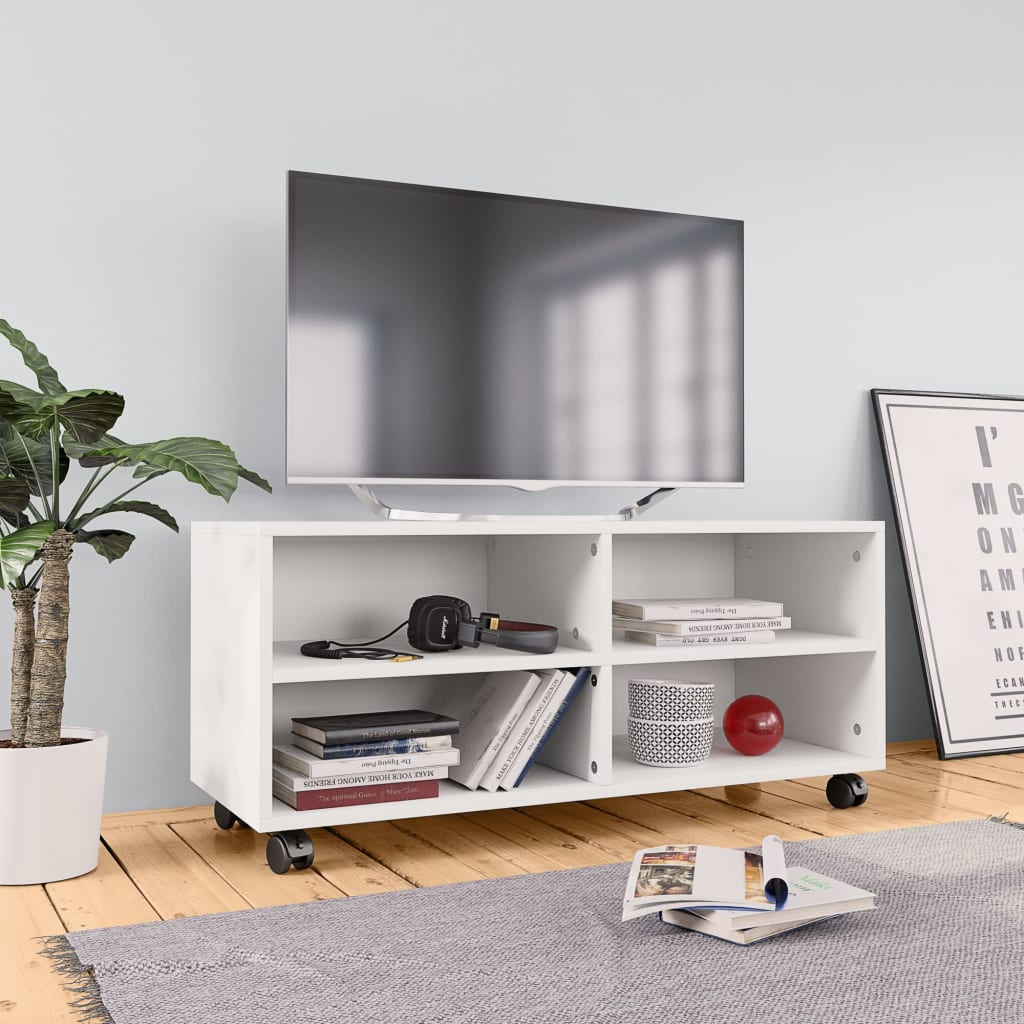 Mobile TV con Ruote Bianco 90x35x35 cm in Legno Multistrato 800180