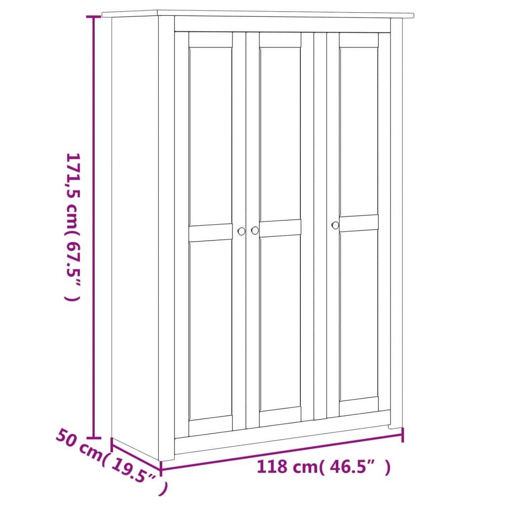 Armadio a 3 Ante 118x50x171,5cm Legno di Pino Panama Range 282661