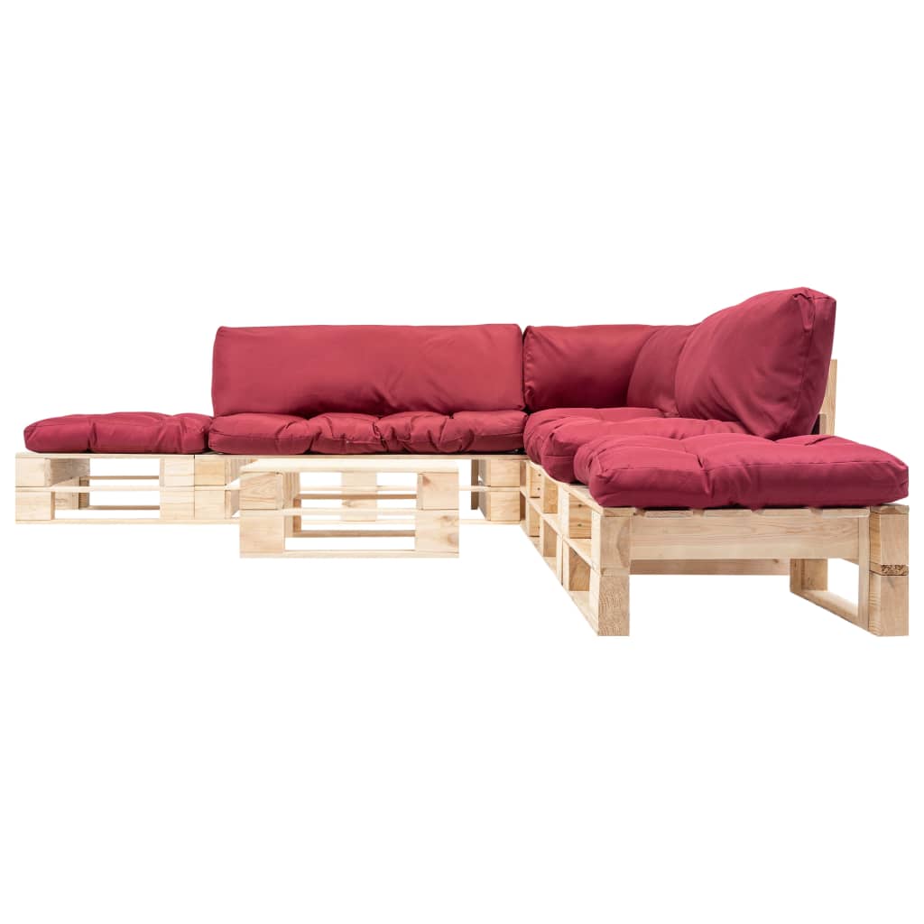 Set Divani da Giardino Pallet 6 pz con Cuscini Rossi in Legno 277497