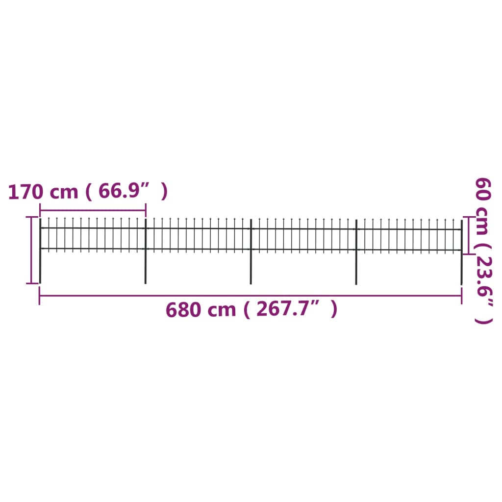 Recinzione da Giardino con Punta a Lancia Acciaio 6,8x0,6m Nera cod mxl 12091