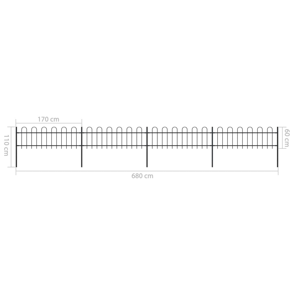 Recinzione da Giardino con Punta Tonda in Acciaio 6,8x0,6m Nera