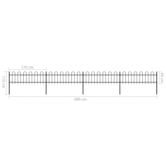 Recinzione da Giardino con Punta Tonda in Acciaio 6,8x0,6m Nera 277641