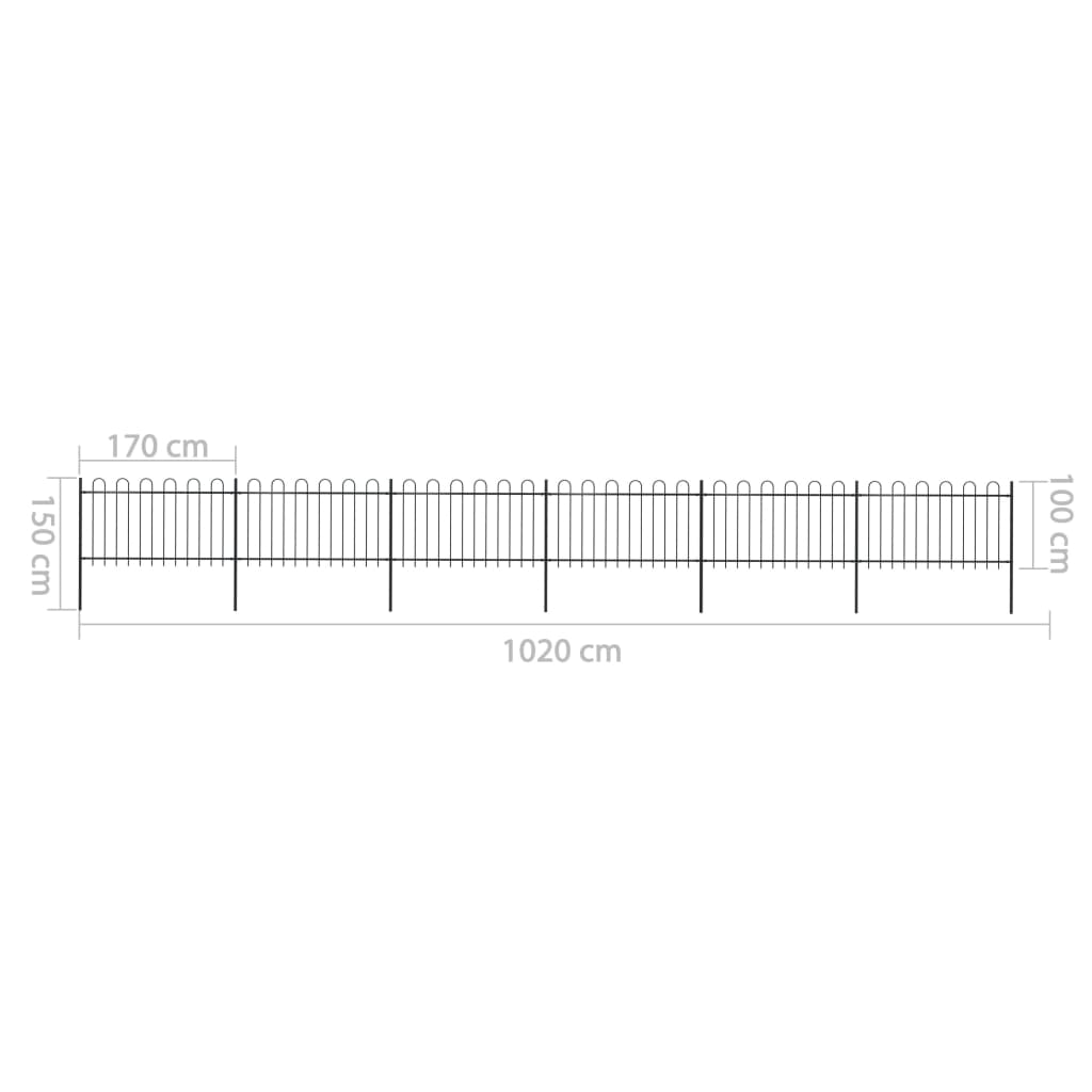 Recinzione da Giardino con Punta Tonda in Acciaio 10,2x1 m Nera