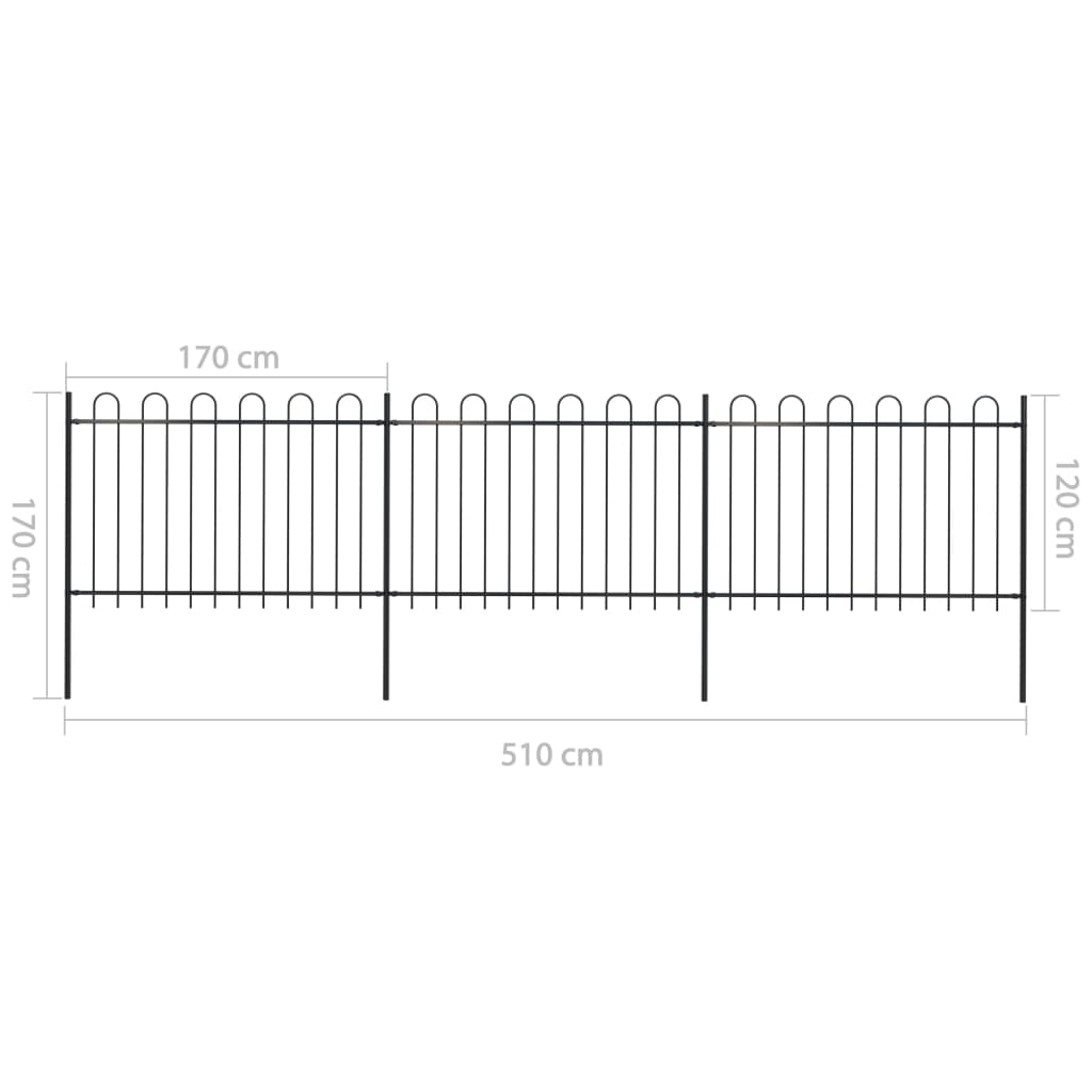 Recinzione da Giardino con Punta Tonda in Acciaio 5,1x1,2m Nera