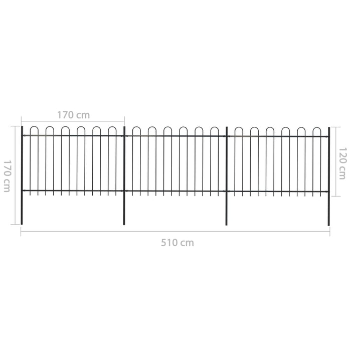 Recinzione da Giardino con Punta Tonda in Acciaio 5,1x1,2m Nera