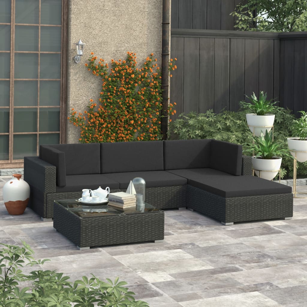 Set Divani da Giardino 5 pz con Cuscini in Polyrattan Nero 46744