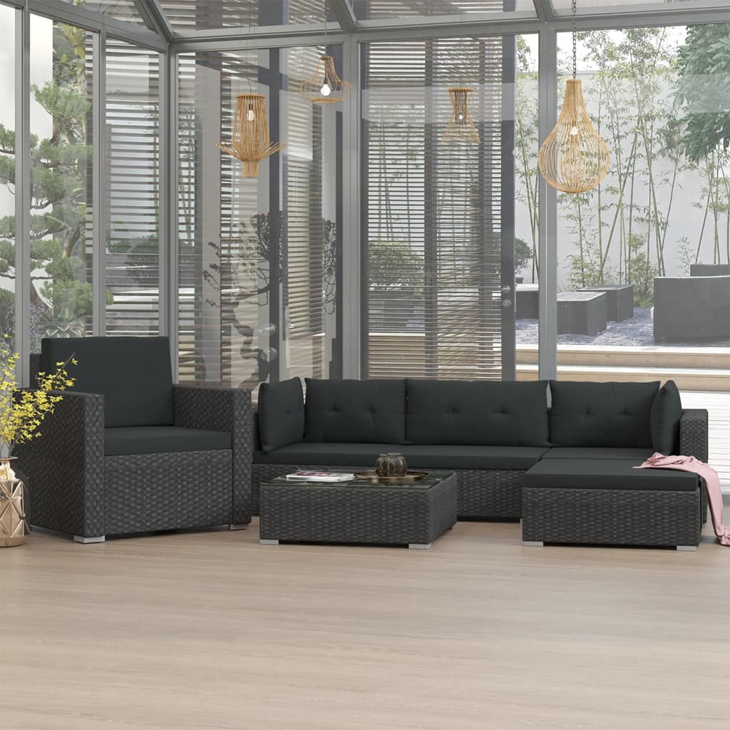 Set Divani da Giardino 6 pz con Cuscini in Polyrattan Nero cod mxl 42016