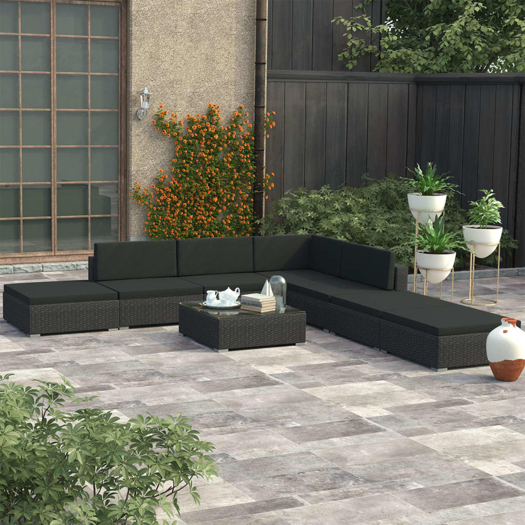 Set Divani da Giardino 8 pz con Cuscini in Polyrattan Nero cod mxl 35485