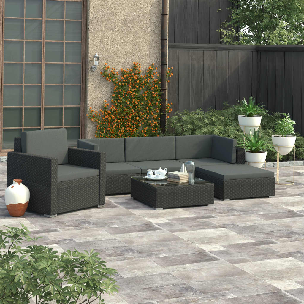 Set Divani da Giardino 6 pz con Cuscini in Polyrattan Nero 46754