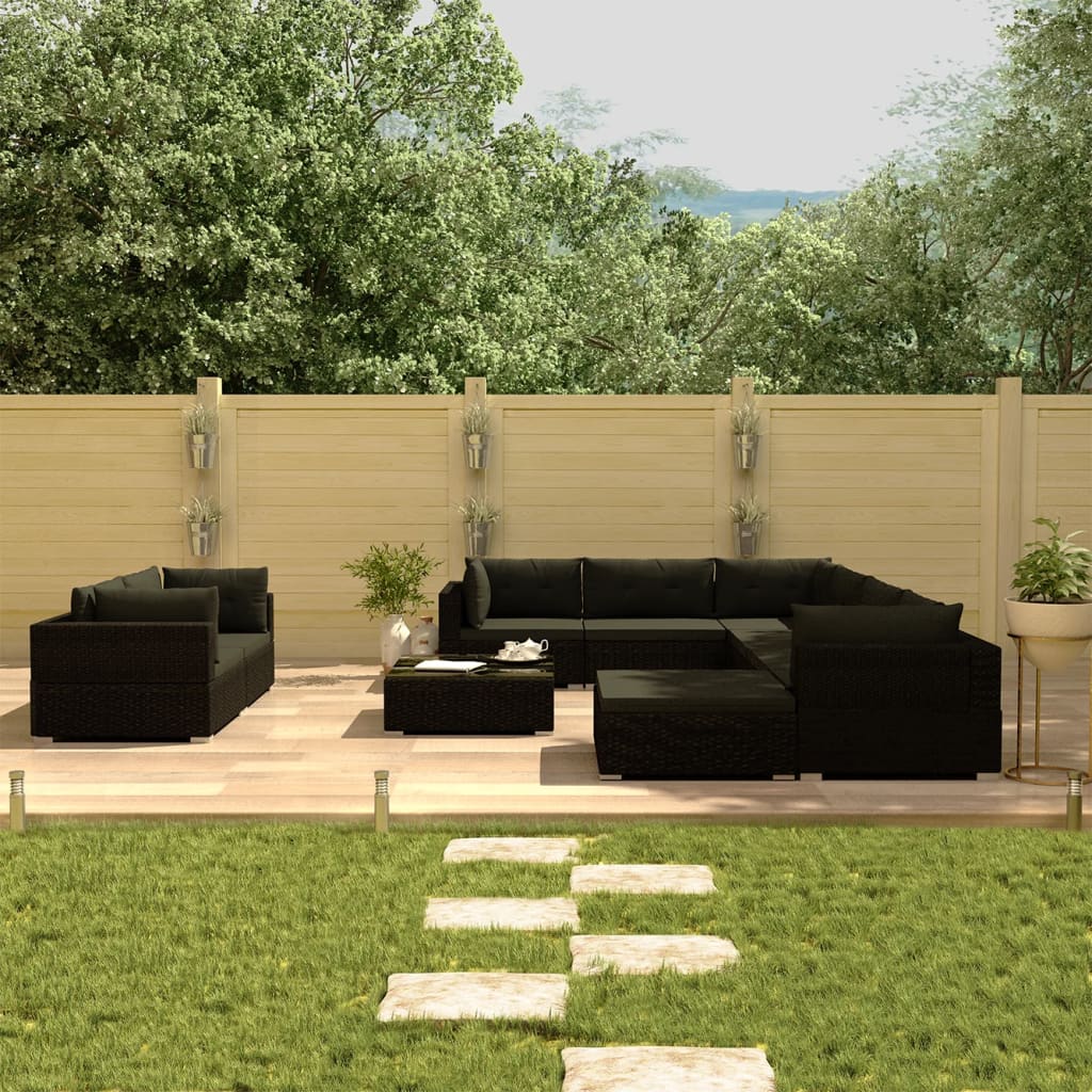 Set Divani da Giardino 10 pz con Cuscini in Polyrattan Nero cod mxl 36250