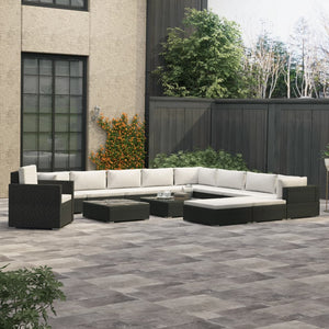 Set Divani da Giardino 13 pz con Cuscini in Polyrattan Nero 46758