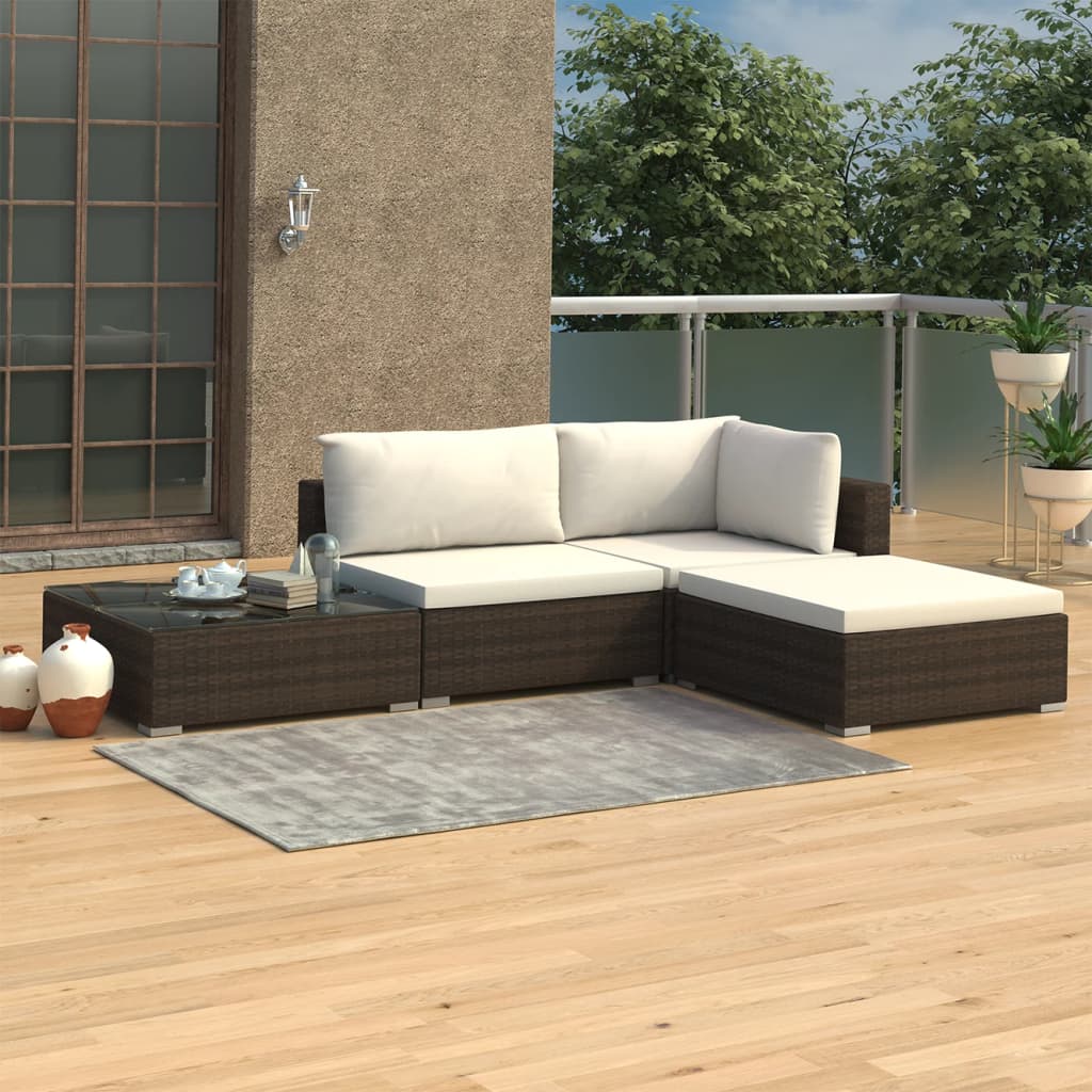 Set Divani da Giardino 4 pz con Cuscini in Polyrattan Marrone cod mxl 35054