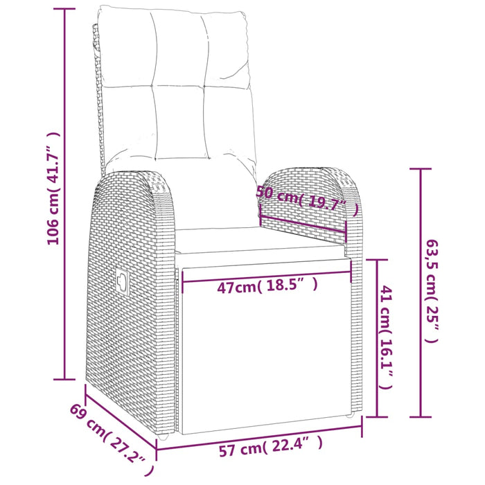 Sedia da Giardino Reclinabile con Cuscino in Polyrattan Nero 46066