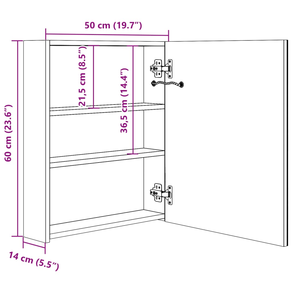 Armadietto Bagno con Specchio e LED 50x13,5x60 cm 285115