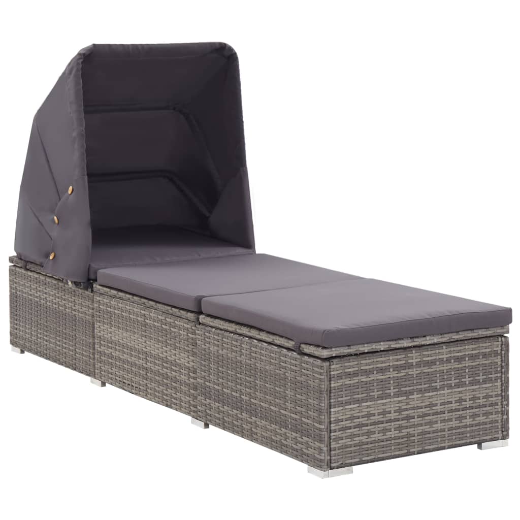 Lettino Prendisole con Tettuccio e Cuscino in Polyrattan Grigio 46248