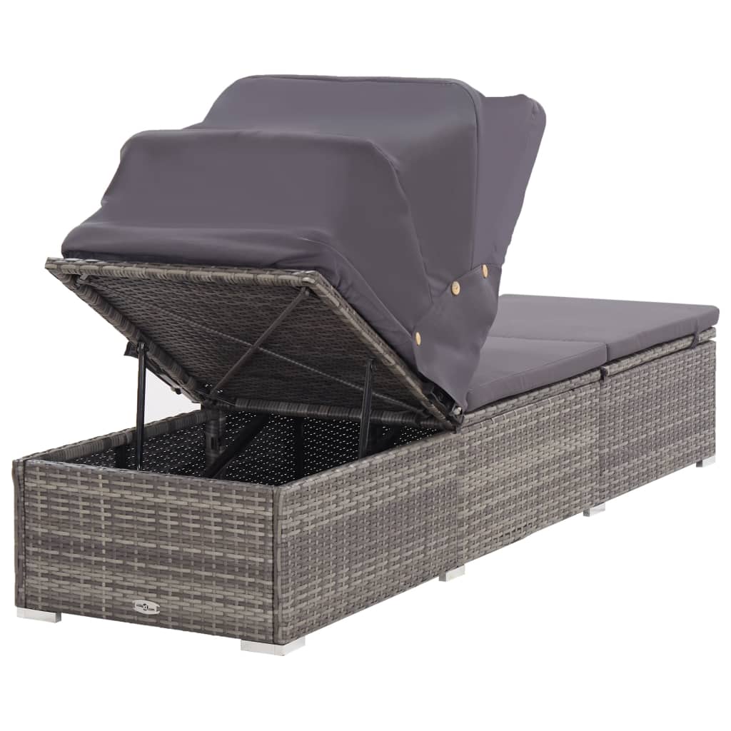 Lettino Prendisole con Tettuccio e Cuscino in Polyrattan Grigio 46248