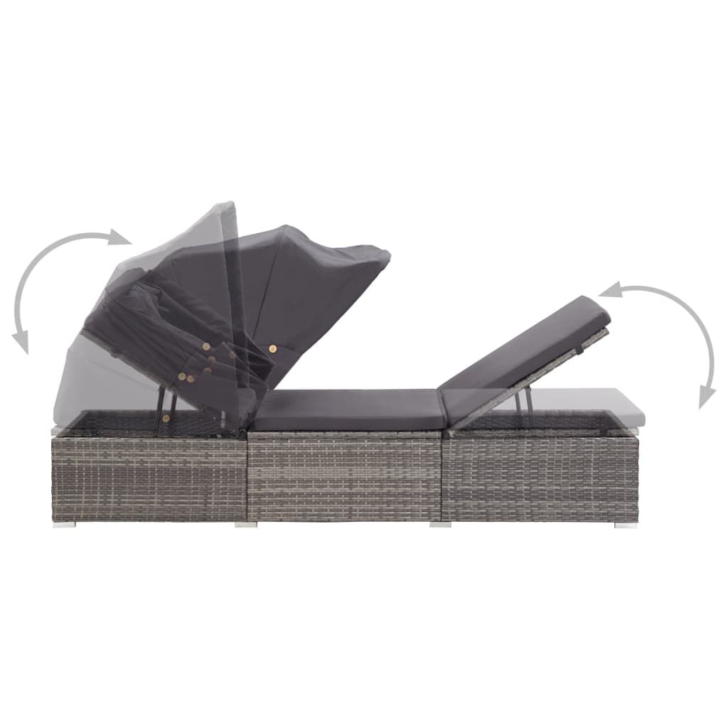 Lettino Prendisole con Tettuccio e Cuscino in Polyrattan Grigio 46248