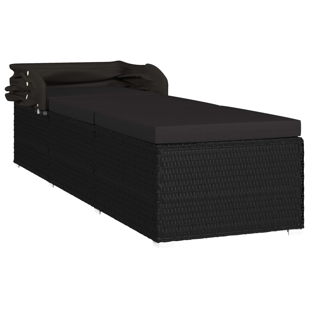 Lettino Prendisole con Tettuccio e Cuscino in Polyrattan Nero