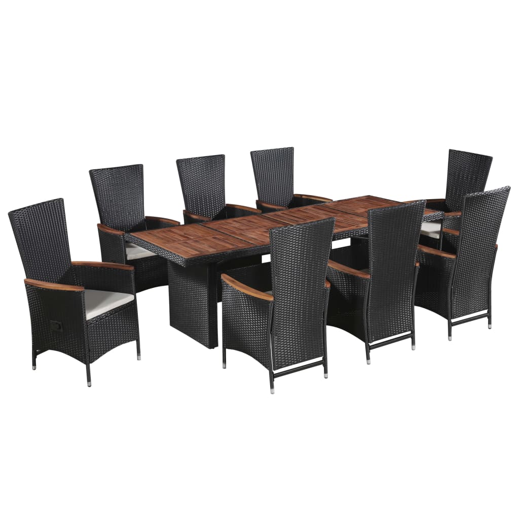 Set da Pranzo da Giardino 9 pz con Cuscini in Polyrattan Nero 47679