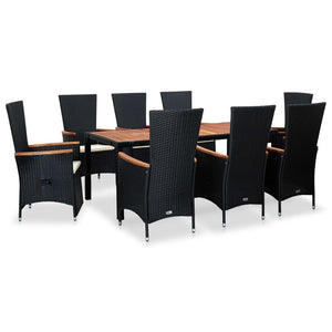 Set da Pranzo da Giardino 9 pz con Cuscini in Polyrattan Nero 47682