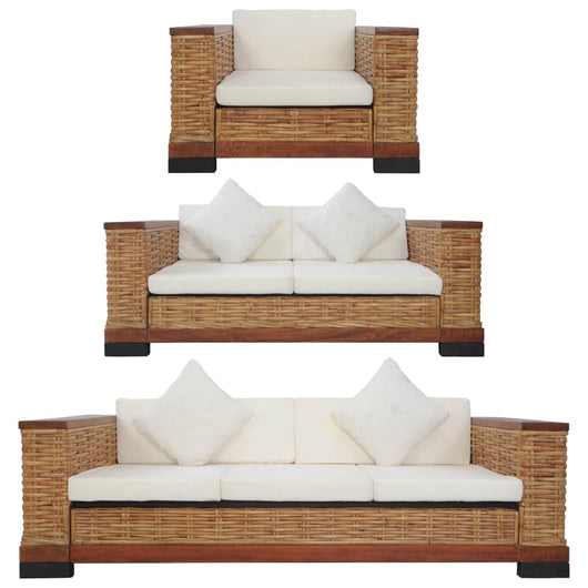 Set di Divani 3 pz con Cuscini in Rattan Naturale Marrone