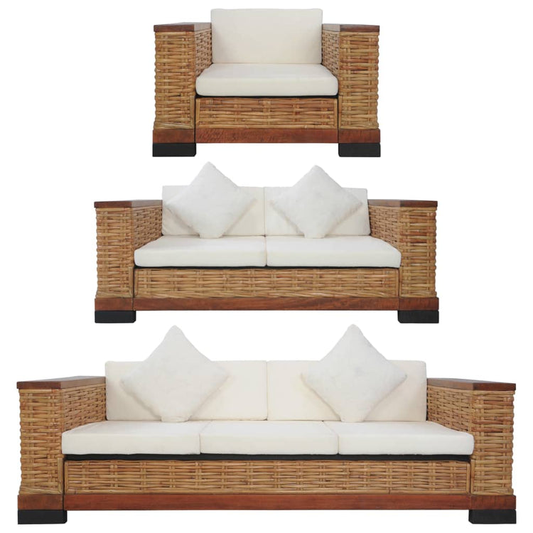 Set di Divani 3 pz con Cuscini in Rattan Naturale Marrone