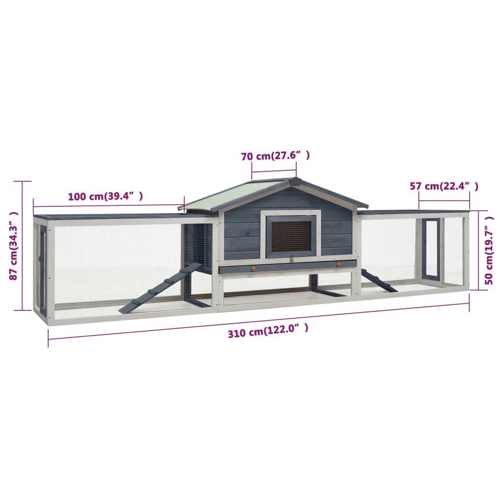 Conigliera Grigia 310x70x87 cm in Legno Massello di Pino e Abete cod mxl 47707