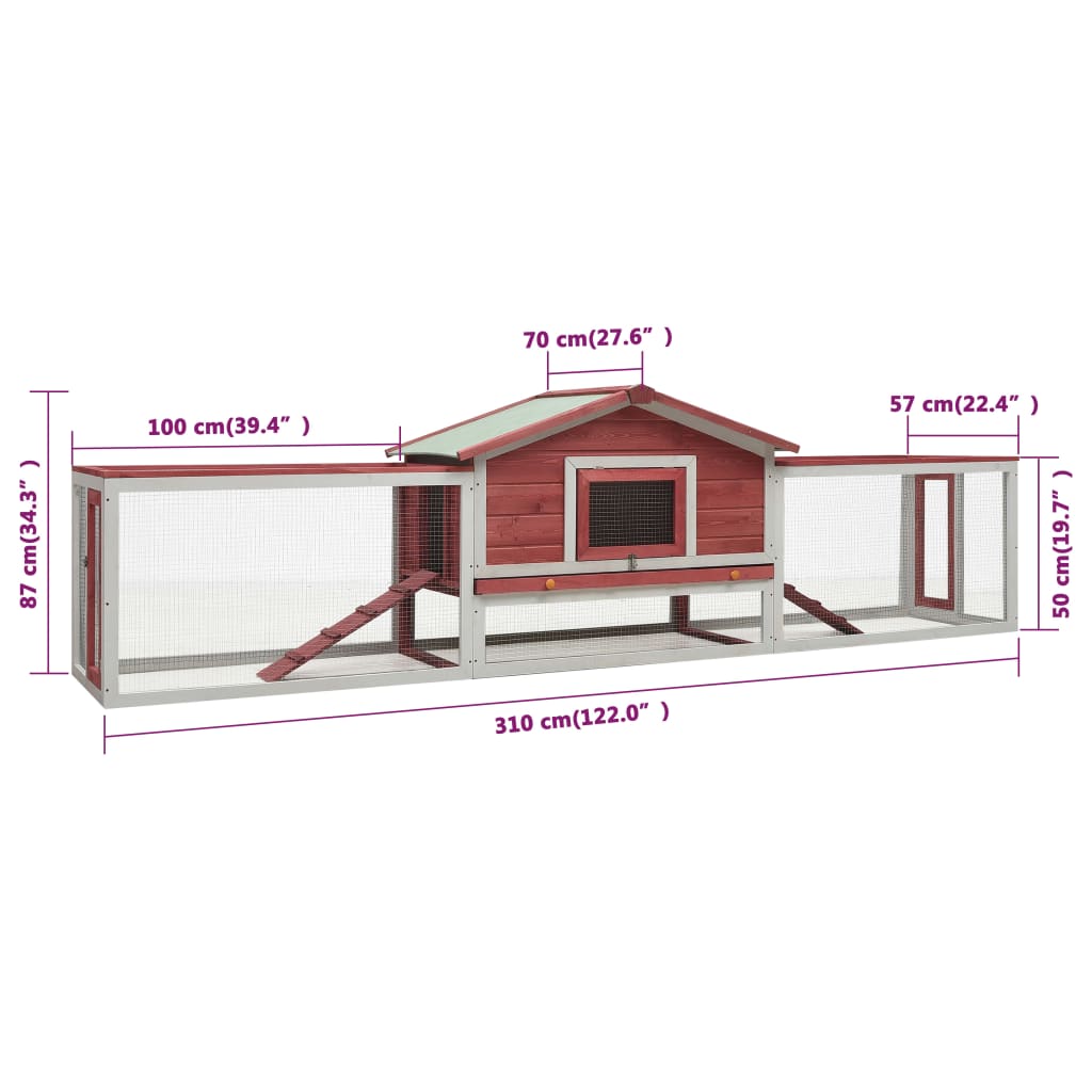 Conigliera Rossa 310x70x87 cm in Legno Massello di Pino e Abete 170860