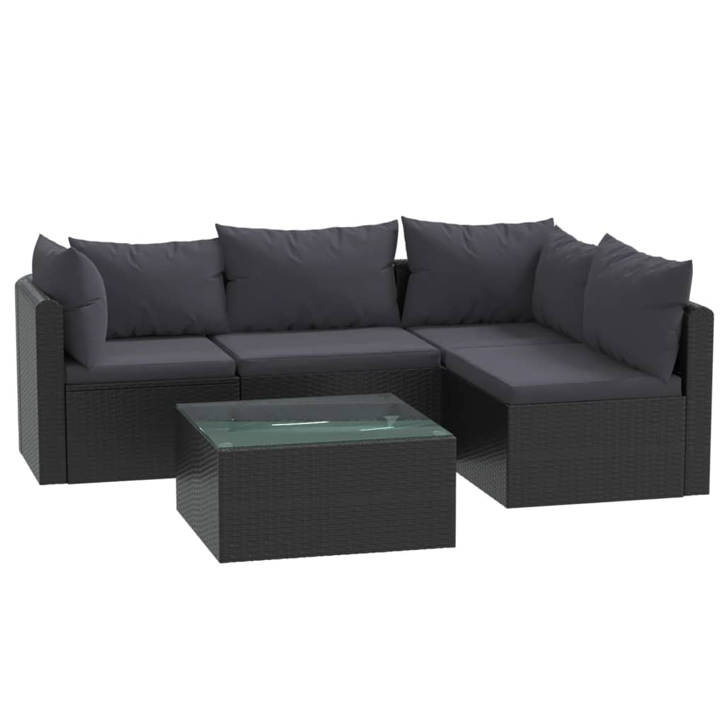 Set Divani da Giardino 5 pz con Cuscini in Polyrattan Nero 46554