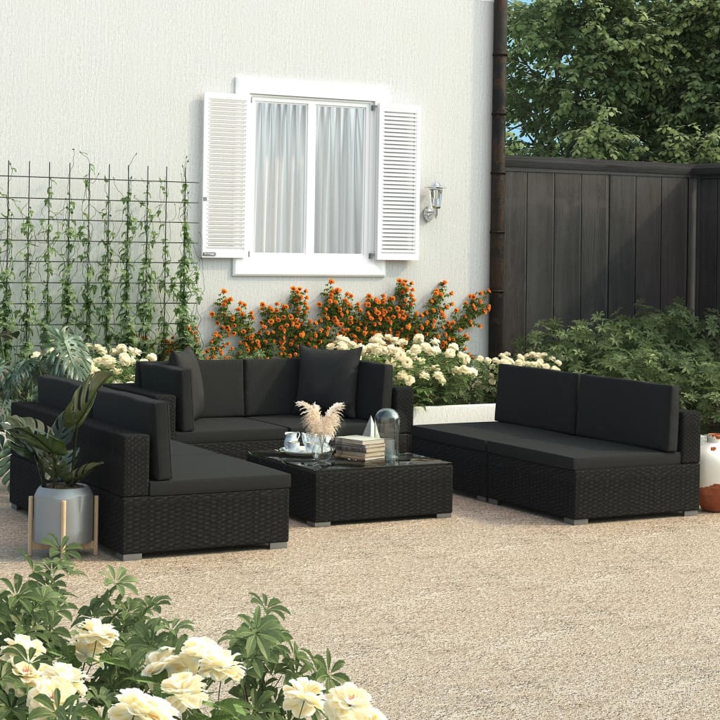 Set Divani da Giardino 7 pz con Cuscini in Polyrattan Nero cod mxl 40745