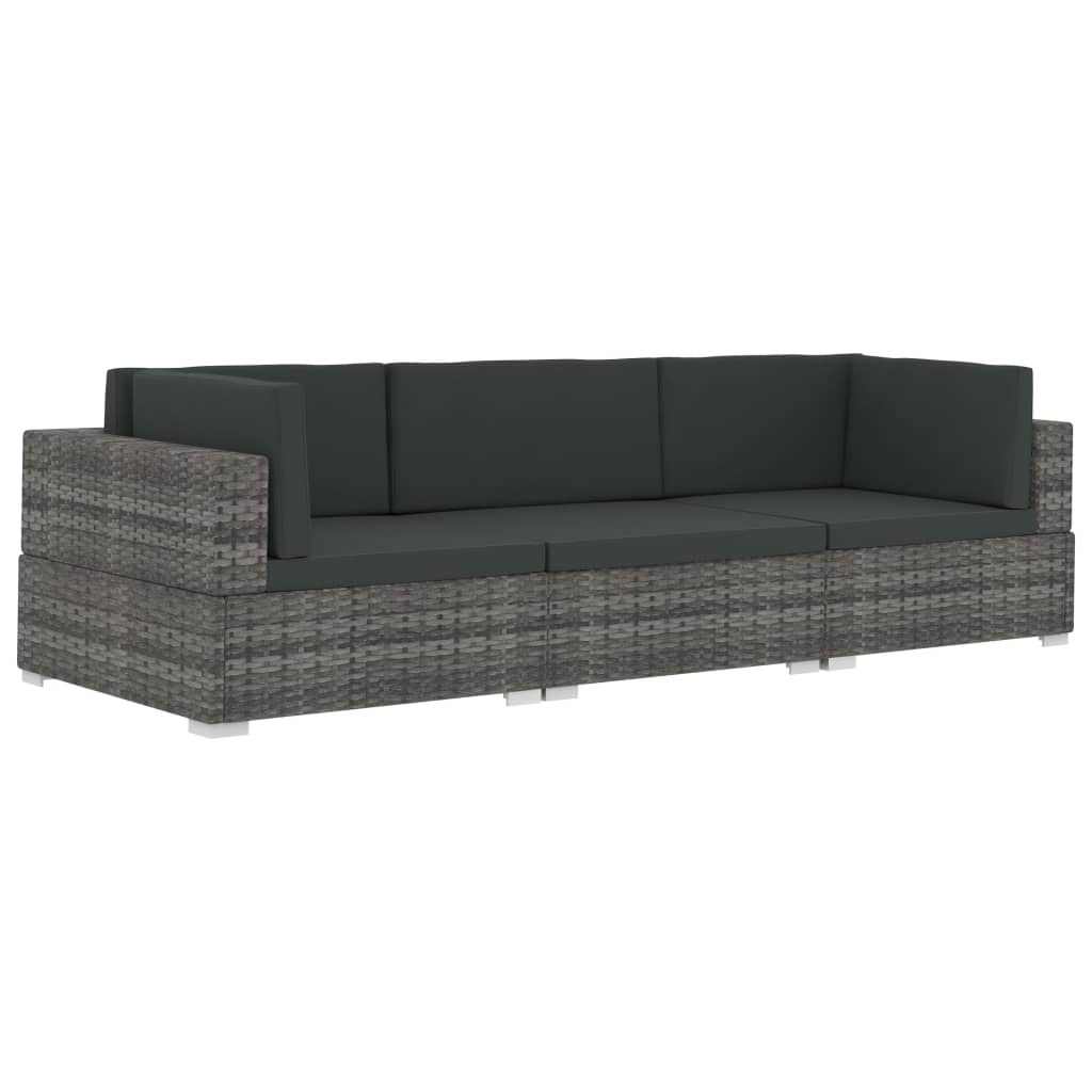 Set Divani da Giardino 3 pz con Cuscini in Polyrattan Grigio