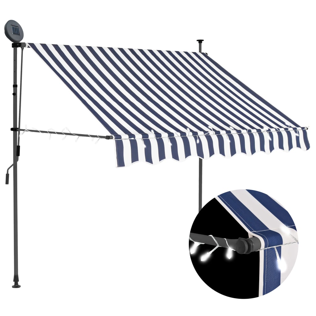 Tenda da Sole Retrattile Manuale con LED 150 cm Blu e Bianca 145842