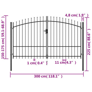 Cancello a Doppia Anta con Punte in Acciaio 3x1,75cm Nero cod mxl 51955