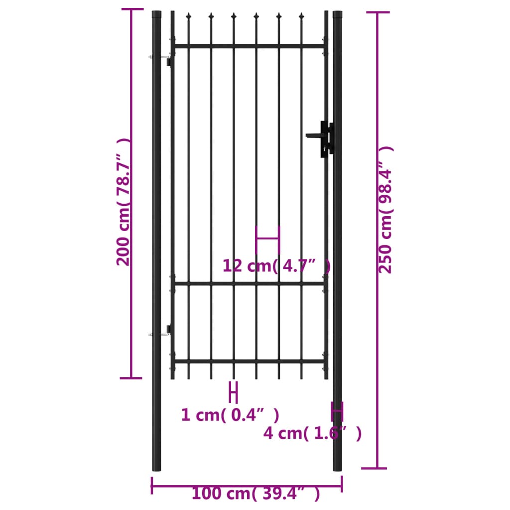 Cancello a Singola Anta con Punte in Acciaio 1x2 m Nero cod mxl 45200