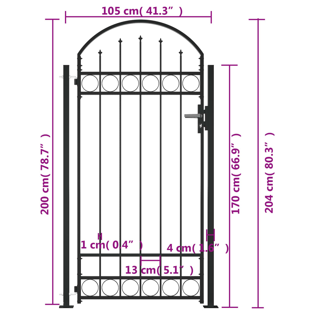 Cancello per Recinzione ad Arco con 2 Pali 105x204 cm Nero cod mxl 53570