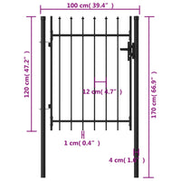 Cancello a Singola Anta con Punte in Acciaio 1x1,2m Nero 146033