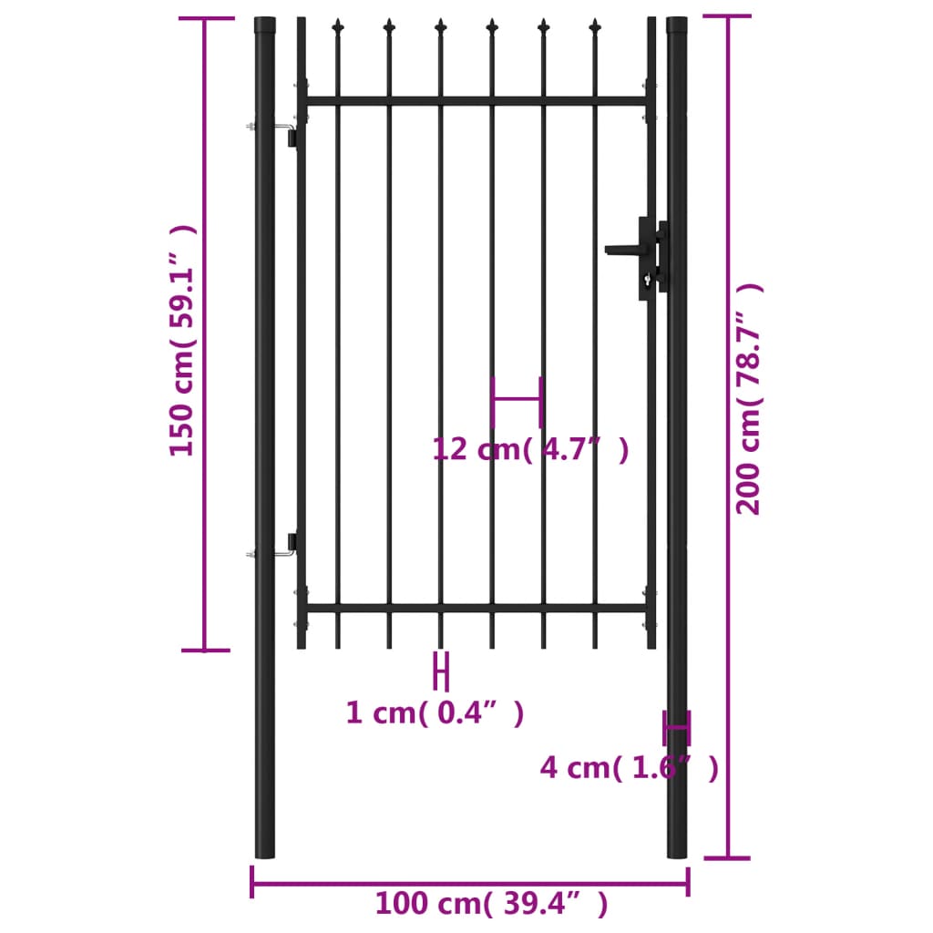 Cancello a Singola Anta con Punte in Acciaio 1x1,5m Nero cod mxl 50708