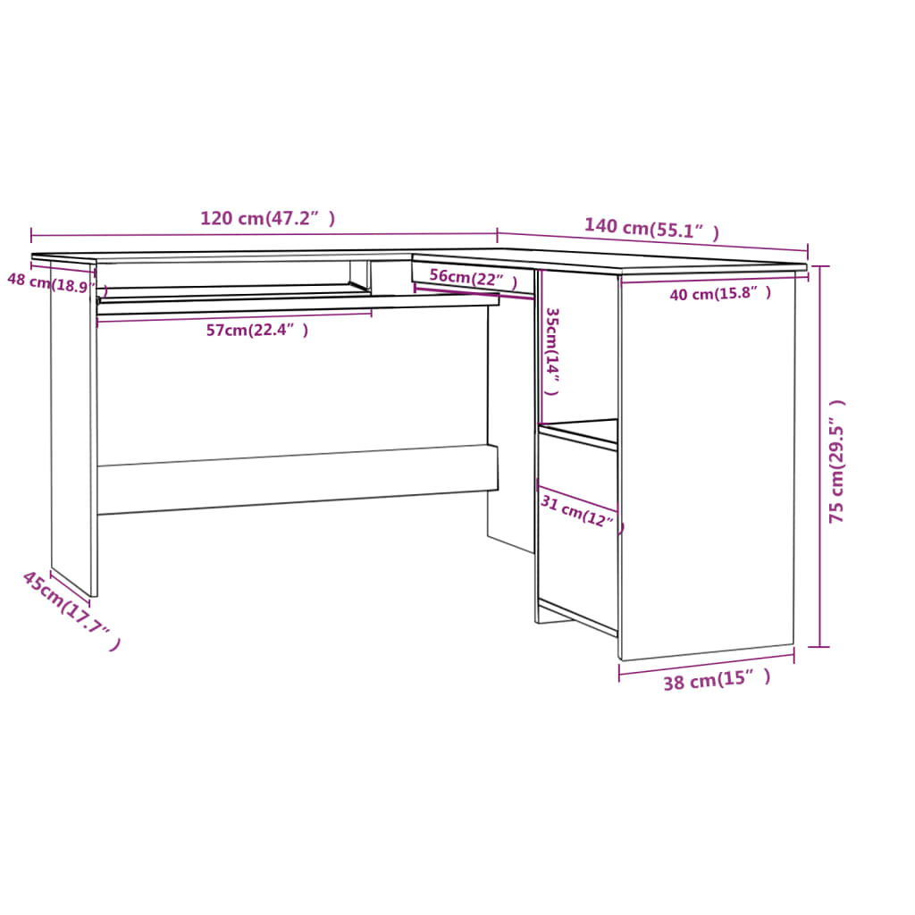 Scrivania Angolare a L Bianca 120x140x75cm in Legno Multistrato cod mxl 67239